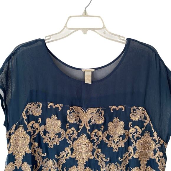 Sundance Teal Blue Gold Embroidery Shift Dress size large - Picture 5 of 11